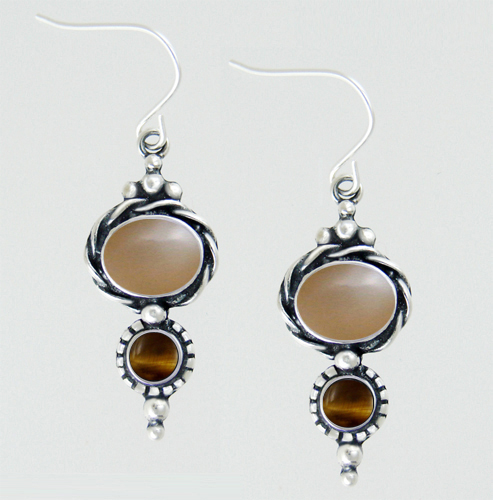 Sterling Silver Drop Dangle Earrings With Peach Moonstone And Tiger Eye